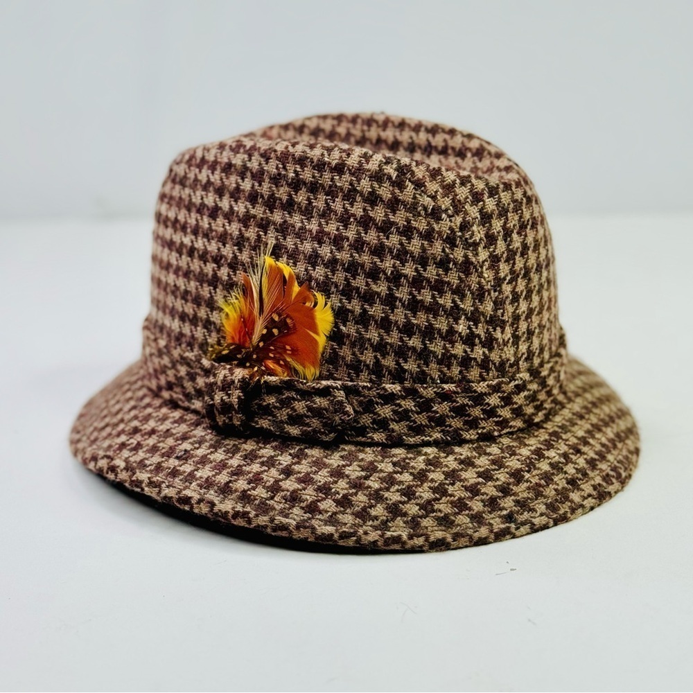 Vintage Fedora houndstooth tan brown wool feather size large
